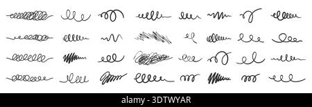 Scribbles Hand Drawn Line Doodle Strokes Set. Abstract Ink Swirls, Swashes, Curly Lines and Sketch Marks for Dividers, Highlights, Minimal Decorative Collage Elements. Vector Design. Stock Vector