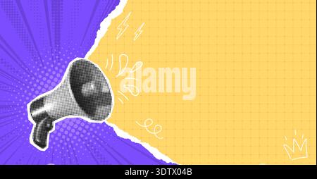 Pop Art Megaphone On Purple and Yellow Torn Paper Poster Background with Halftone Rays, Doodle Elements. Modern Comic Announcement Alarm Punk Banner, Textured Copy Space. Vector Illustration Stock Vector