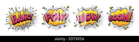 Bang Pow Wow Boom Comic Pop Art Sound Effects Set with Halftone Dots and Explosion Speech Bubbles. Hand Drawn Lettering. Retro Cartoon Action Words for Stickers, Posters, Comics. Vector Illustration Stock Vector