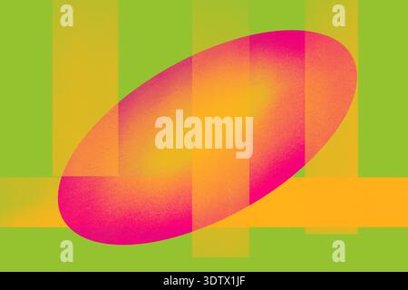 A modern abstract artwork featuring overlapping geometric shapes in vibrant pink, yellow, and green hues. The composition evokes depth and movement wi Stock Photo