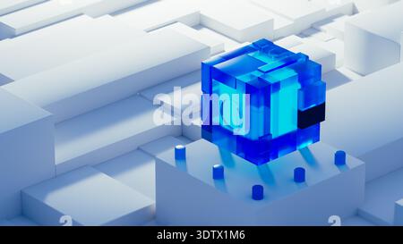 A technology cube sits in the center of a data layout. Blue elements surround it. The design highlights information processing with AI focus. Stock Photo