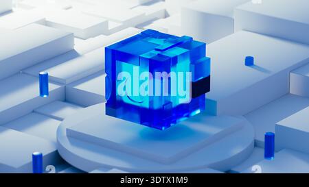 A technology cube sits in the center of a data layout. Blue elements surround it. The design highlights information processing with AI focus. Stock Photo