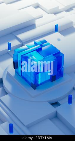 A technology cube sits in the center of a data layout. Blue elements surround it. The design highlights information processing with AI focus. Stock Photo