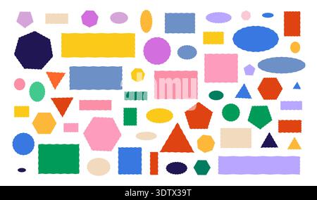 Set of colorful wavy geometric shapes. Pastel triangles, circles and polygons for modern layouts, pattern making and abstract compositions. Multi-form silhouette vector illustration. Stock Vector