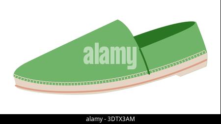 Green espadrille flat shoe women flat. Stitch detail canvas footwear for sunny outfit playful wardrobe. Technical fashion illustration CAD mockup smooth vector man unisex isolated trendy style. Stock Vector