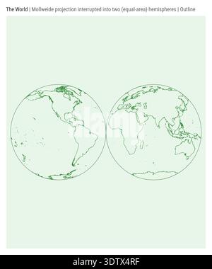 World Map. Mollweide projection interrupted into two (equal-area) hemispheres. Outline style. Stock Vector