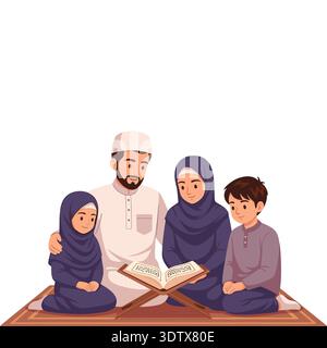 Muslim Family Reading Quran Together, Islamic Education and Ramadan Kareem Concept, Happy Parents Teaching Children Religion Flat Vector Illustration. Stock Vector