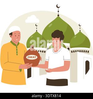 Muslim man giving Zakat al-Fitr bag to person in front of mosque, Islamic charity and Ramadan Kareem concept, flat vector illustration. Stock Vector