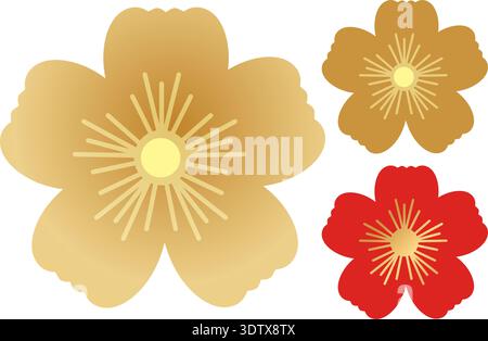 Minimalist vector plum blossom icons with gold gradients and red fill on white background Stock Vector