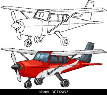 Red single-engine airplane vector illustration with matching black-and-white outline, clean cartoon style Stock Vector