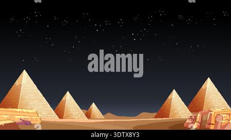 Flat vector landscape of Egyptian pyramids in the desert under a dark starry night sky Stock Vector