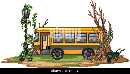 Vector illustration of deserted school bus, bicycle, and wheelbarrow overtaken by creeping vegetation Stock Vector