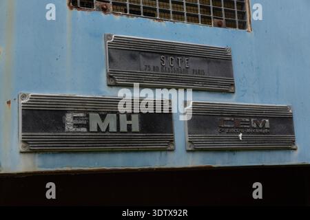 SGTE / EMH / CEM Manufacturer nameplates on Montech water slope machinery, France Stock Photo
