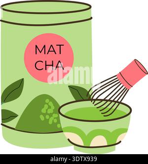 Mathca lover's composition. Powder in pot and green drink. Matcha illustration isolated. Vector flat cartoon art. Stock Vector