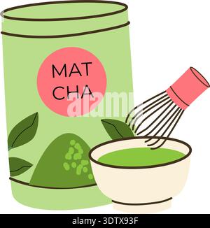 Matcha powder in jar with wisk and pot. Vector flat cartoon illustration isolated. Matcha drink compostion for banners, wrapping, label template. Stock Vector