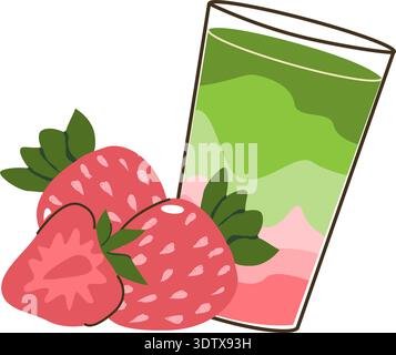 Matcha smoothie drink with strawberry. Vector illustration isolated. Flat cartoon matcha green drink with milk. Stock Vector