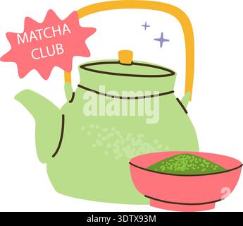 Matcha tea powder with teapot for matcha lover's club. Vector illustration in cartoon flat style. Green drink clipart isolated on transparent backgrou Stock Vector