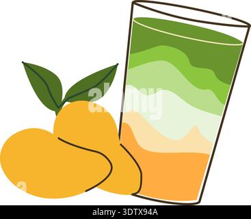Matcha drink with mango. Healthy smoothy. Mango with matcha latte. Japanese cold drink. Stock Vector