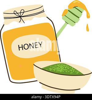 Matcha powder with spoon and honey jar. Vector illustration isolated on white. Matcha drink with honey flat cartoon illustration. Stock Vector