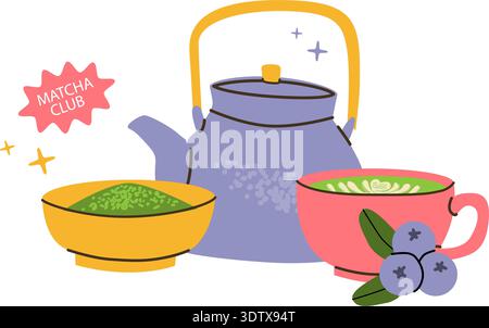 Matcha tea powder with blueberry for matcha lover's club. Vector illustration in cartoon flat style. Green drink clipart isolated on transparent backg Stock Vector