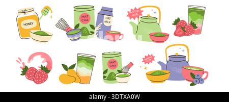 Matcha tea latte and green powder elements set for food background, stickers. Green matcha tea compositions with berry, milk, honey. Vector illustrati Stock Vector