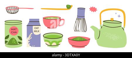 Green matcha tea tools and powder set. Cartoon flat vector illustration isolated on white. Girly matcha tea aesthetic elements set. Minimalist design. Stock Vector