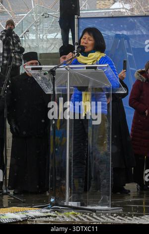 Toronto, ON, Canada – February 22, 2026: Olivia Chow, Mayor of Toronto, giving a speech at a rally showing solidarity with Ukraine on the fourth anniv Stock Photo
