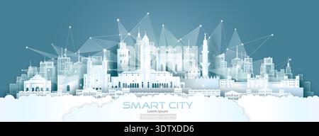 Technology wireless network communication smart city with architecture in Marrakech Morocco at europe skyline for design banner technology, Green city Stock Vector