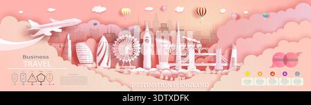 Modern banner cover business brochure design template for advertising with infographic. Travel England top world modern skyscraper and famous city arc Stock Vector