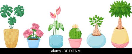 set of colorful potted plants on white background, pastel ceramic pots with stylized foliage and small blooms, Stock Vector