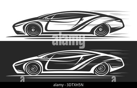 Vector logo for Futuristic Car, monochrome automotive banners with contour clip art of modern unusual concept car in moving, artwork of running unique Stock Vector