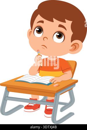 Thinking School Boy with Pencil on Chin Sitting at Desk Flat Cartoon Character Stock Vector