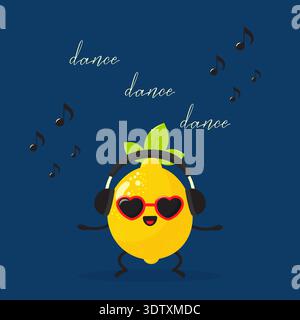 Cute lemon character in headphones and sunglasses dancing vector illustration. Stock Vector