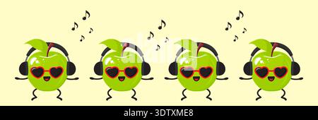 funny green apple characters dancing in headphones vector illustration. Stock Vector