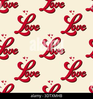 Seamless pattern with red love word lettering and hearts vector illustration. Stock Vector