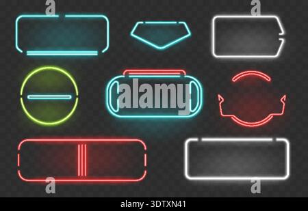 Realistic neon frames. Glowing banners or illuminated display cases for advertising designs on transparent background. Blank signboards with led line Stock Vector