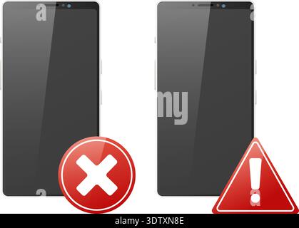 Realistic mobile phone with warning and error signs. Red attention symbol. Smartphone touchscreen. Hacking risks. Ban and rejection. Malicious Stock Vector