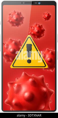 Realistic mobile phone with virus warning on screen. Smartphone malicious software. Device phishing and hacking. Attention sign. Dangerous germs Stock Vector