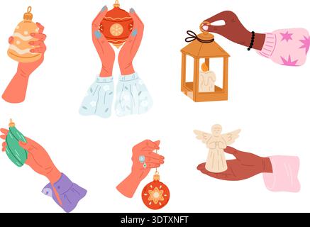 Hands hold festive Christmas tree decorations. Merry Xmas fragrant candles and lanterns. New year garlands. Toys on human arm palms. Happy celebration Stock Vector