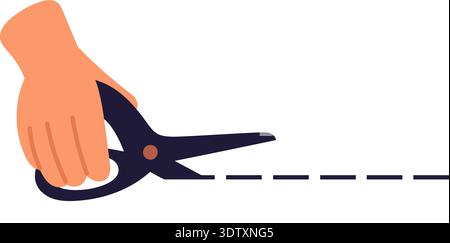 Hand with scissors and dotted line for cut. Snip place. Bulletin ticket cutline. Dashed separation. Cutout guide. Tailor dividing textile. Arm holding Stock Vector