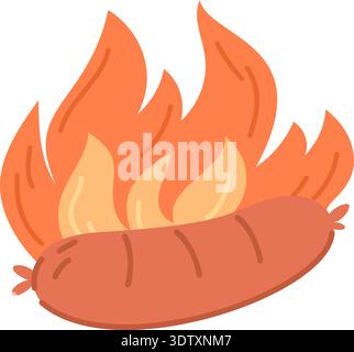 Grilled sausage or frankfurter over open flame. Roasted meat for hot dog. Barbecue fire. Fiery BBQ picnic. Food cooking. Snack burning. Blazing Stock Vector