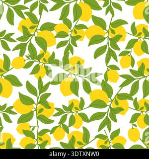 Green branches with leaves and yellow ripe lemons. Fruit tree seamless pattern. Citron twigs. Natural crop. Repeated print. Whole citrus. Summer Stock Vector