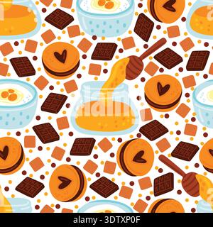 Glass jar with honey. Food cooking seamless pattern. Chocolate chips. Flour and egg in bowl. Sweet cookie recipe. Culinary preparation. Baking Stock Vector