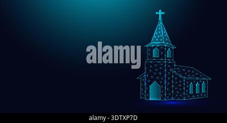 Low poly wireframe church building on dark blue background. Stock Vector