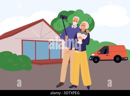 Elderly couple takes selfie on phone in front of their house and car. Family making photo. Grandparents housewarming. People at home yard. Grandmother Stock Vector
