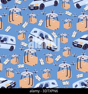 Delivery of cargo by car and drone seamless pattern. Shipping of cardboard boxes. Innovation courier. Repeated print. Express logistic technology Stock Vector