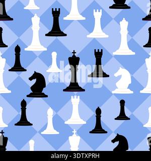 Chess pieces seamless pattern. Chessman competition. Black or white play figures. Grandmaster checkmate. Pawns and knights. Game challenge. King and Stock Vector