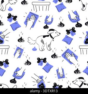 Caring for pet. Cleaning up after dog in canine bags and trash cans. Removing excrements seamless pattern. Puppies pooping. Defecation hygiene for Stock Vector