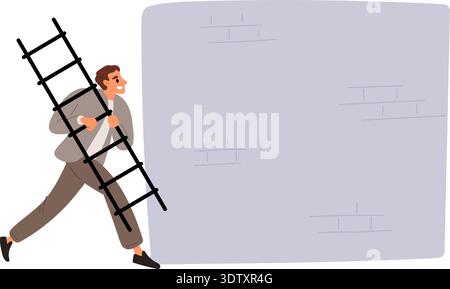 Businessman carries ladder to climb over wall. Solving problem. Overcoming difficulties. Business obstacles. Challenge decision. Efficient thinking Stock Vector