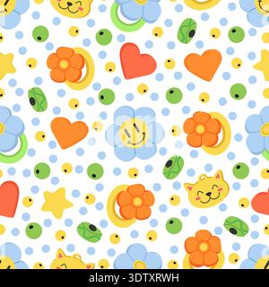 Bright childrens toys for newborns. Rattles and kids rings. Childish seamless pattern. Color beads. Cute bijouterie. Repeated print. Daisy flower face Stock Vector